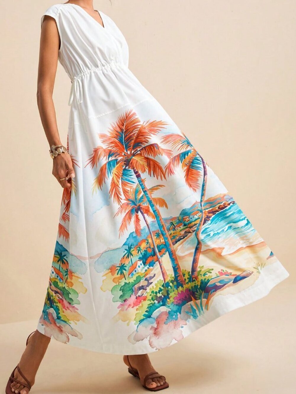 Multicolor Elegant Women's V-Neck Sleeveless Ruched Collar Maxi Dress